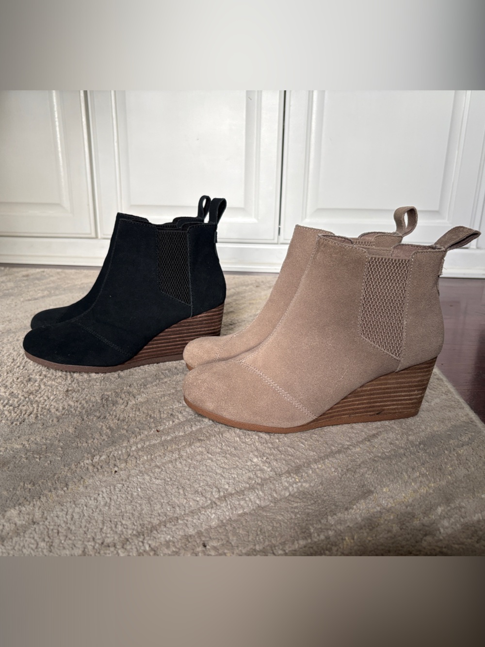 2 pair Tom’s Women’s Suede Wedge Ankle Boots - Black and Taupe